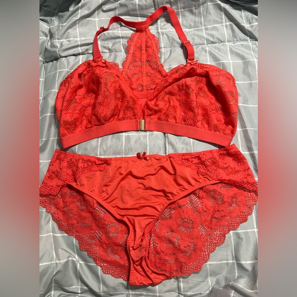 Cacique Lace Triangle Front-Close Unlined No-Wire Bra and Lace Back panty set